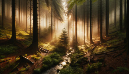 A breathtaking view of a dense forest in early morning mist, with sunlight filtering through the trees