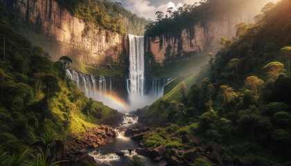 Fototapeta premium A majestic waterfall cascading down a rocky cliff, surrounded by lush greenery