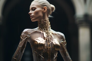 editorial fashion portrait, dancing abstract futuristic cyberpunk cyborg pope papal woman. generative AI