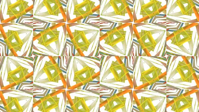 Bright ornament revolving, changing colours, positions, forming patterns in squares. Abstract background colorful metamorphoses. Squarish transformation with whirling motion. 4K UHD 4096x2304
