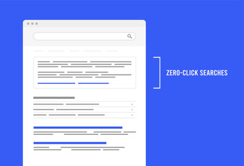 Zero Click Searches concept. Search queries providing instant answers without clicking away search engine result page. Zero-Click results vector isolated illustration on blue background with icons