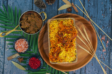 Indian Special Nalli ghost biryani. Savor the Flavorful Delight of Mutton Nalli Biryani: Aromatic South Asian Biryani with Tender Meat and Fragrant Spices.