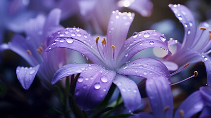 Closeup shot of purple flower, delicate petals covered in morning dew, nature, spring.
