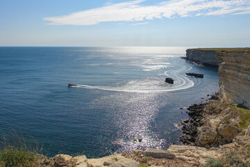Cape Tarkhankut on the Crimean peninsula. The rocky coast of the Dzhangul Reserve in the Crimea....