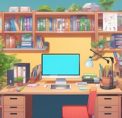 illustration of desk with computer