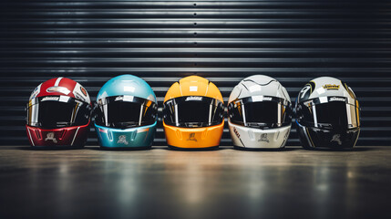 A group of racing helmets - obrazy, fototapety, plakaty