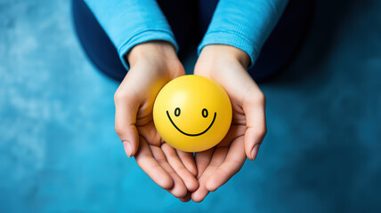 Illustration of a person holding a blue ball with a smiley face. generative ai