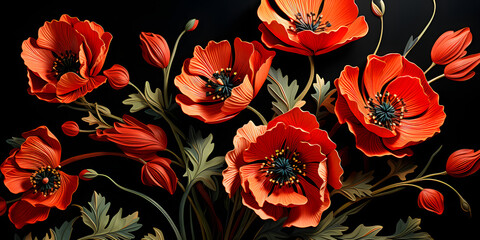 Stylized red poppy flower on black background - obrazy, fototapety, plakaty