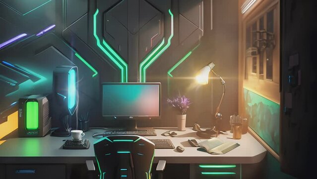 Futuristic room with cool computer desk setup. 3D Cartoon painting illustration style. seamless looping 4K time-lapse virtual video animation background. 