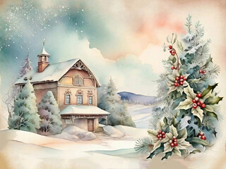Vintage card in watercolor style, winter background, small house with Christmas tree. Generative AI.