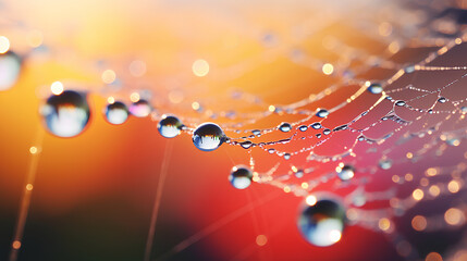 Macro photography of dewdrops on a spiderweb, with a rainbow background.