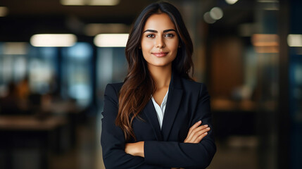 Young confident smiling Indian business woman leader, successful entrepreneur, professional company executive ceo manager, wearing suit standing in office with arms crossed. made with generative ai - obrazy, fototapety, plakaty