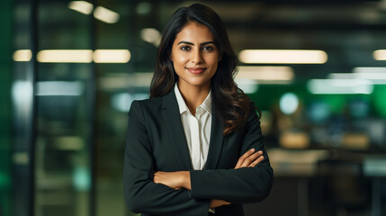 Young confident smiling Indian business woman leader, successful entrepreneur, professional company executive ceo manager, wearing suit standing in office with arms crossed. made with generative ai - obrazy, fototapety, plakaty