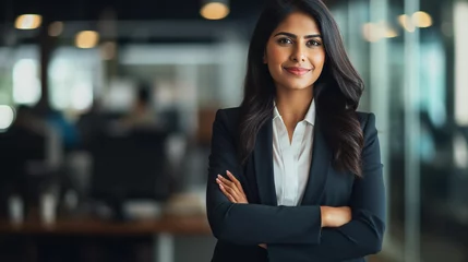 Fotobehang Young confident smiling Indian business woman leader, successful entrepreneur, professional company executive ceo manager, wearing suit standing in office with arms crossed. made with generative ai © Farid