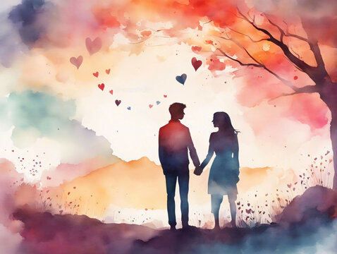 Watercolor art of a couple in love.