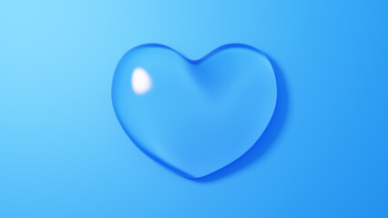 青色背景に透明な氷ガラスのハート。3D（横長）