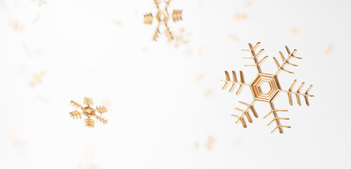 白背景に金色の雪の結晶。背景素材。3D（横長）