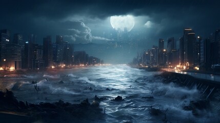 Naklejka na ściany i meble an flash flood inundating a fictional digital city
