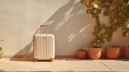 Beige suitcase sits on floor, casting a shadow against the wall.