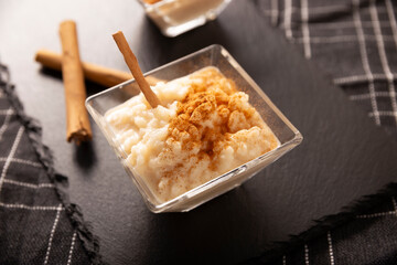 Rice pudding. Sweet dish made by cooking rice in milk and sugar, some recipes include cinnamon, vanilla or other ingredients, it is a very easy dessert to make and very popular all over the world.
