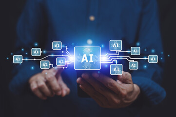 People using smartphone for digital chatbot robot application, conversation assistant, AI Artificial Intelligence concept,