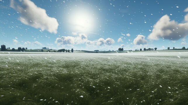 an hailstorm pummeling a computer-generated farmland