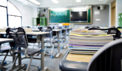 Stack of books on the desks