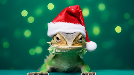 Green Iguana in Christmas Hat