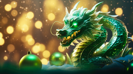 Obraz premium Green Dragon the Symbol of 2024 Year, Festive Background