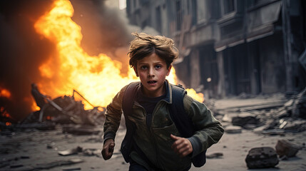 Fototapeta na wymiar Scared terrified Innocent young boy running away from an airstrike. War concept