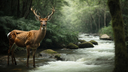 Deer on the edge of a tropical forest river