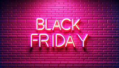 Glowing pink neon sign reading 'black friday' against a dark brick background, indicating sale season
