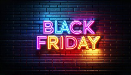 Bright neon lights spelling out 'black friday' on a brick wall, signifying major shopping sales event - obrazy, fototapety, plakaty