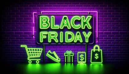 Bright neon sign displaying 'black friday' surrounded by shopping cart, gift, and money icons