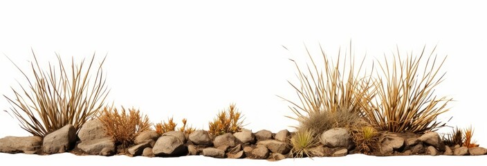 desert scene cutout, dry plants with rocks, isolated on white background banner, Generative AI