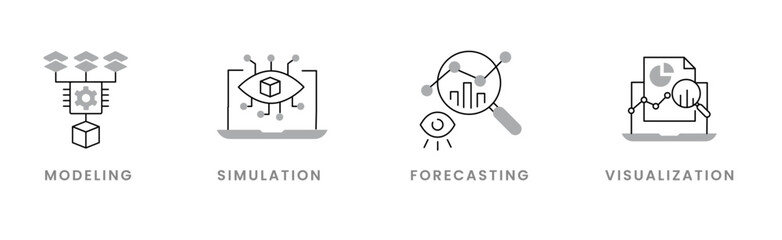 Data Driven Insights. Modeling, Visualization, Simulation, Forecasting. Editable Stroke and Colors.