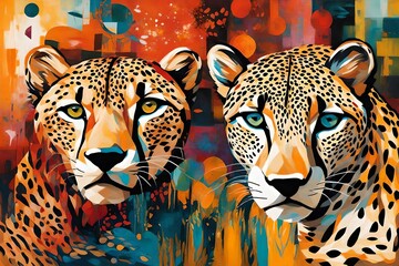 Experiment with abstract art inspired by cheetahs. Use bold strokes, vibrant colors, and unconventional shapes to convey the essence of speed and agility associated with these majestic animals