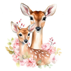 Cute mom and baby deer with flower Illustration, Generative Ai