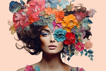 Portrait of a woman with lots of flowers. Abstract trendy art paper collage design. Generative AI