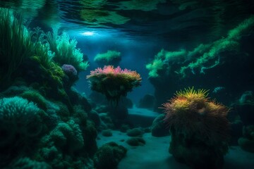 Naklejka na ściany i meble A Lush Undersea Tapestry of Verdant Greenery Surrounding an Enchanting Undersea Lake, Where Graceful Jellyfish Float in a Ballet of Bioluminescence, Creating an Ethereal Underwater Environment Teeming