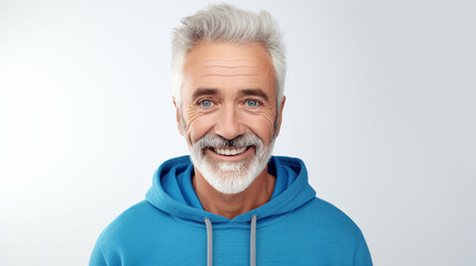 Obraz premium Happy mature old bearded man with dental smile, cool mid aged gray haired older senior hipster wearing blue sweatshirt standing isolated on white background. Made with generative ai