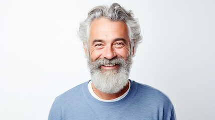 Happy mature old bearded man with dental smile, cool mid aged gray haired older senior hipster wearing blue sweatshirt standing isolated on white background. Made with generative ai - obrazy, fototapety, plakaty