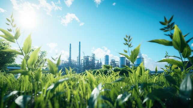 Chemical industrial plant surrounded by green trees and blue sky on a summer day.