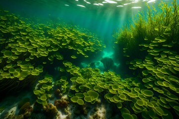 A Lush Undersea Tapestry of Verdant Greenery Surrounding an Enchanting Undersea Lake, Where Graceful Jellyfish Float in a Ballet of Bioluminescence, Creating an Ethereal Underwater Environment Teeming