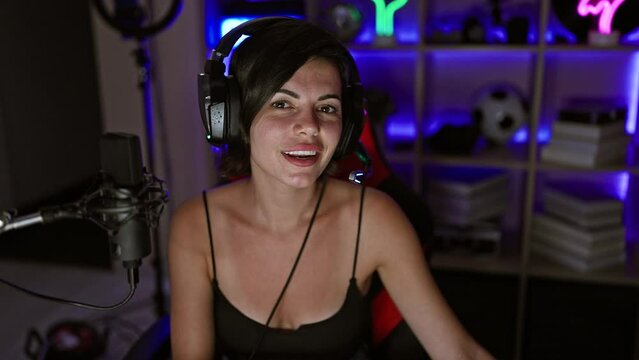 At home after dark, beautiful young hispanic woman streamer speaking and smiling while sitting at gaming table, immersed in futuristic digital world of gaming and streaming technology