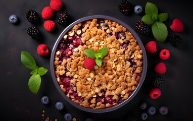 Top View of Delicious Berry Crumble Dessert on Black Tabletop - obrazy, fototapety, plakaty