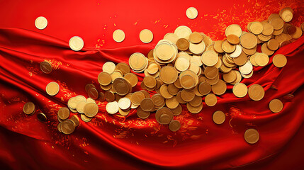 Lucky bag or treasure bag with falling gold coin background for chinese festival. generative ai