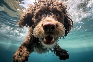 Cute spanish water dog under the water with open eyes