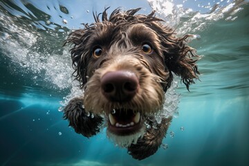 Cute spanish water dog under the water with open eyes