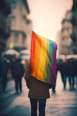 Unrecognizable young woman holding a rainbow flag in the street.